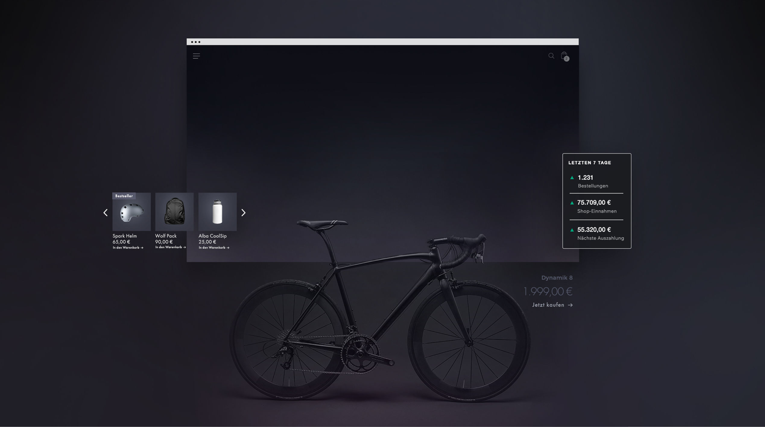Online-Storefront eines Fahrradausrüstungsgeschäfts mit einem schwarzen Mountainbike, einer 7-Tage-Ladenübersicht, einer Produktgalerie und einer mobilen Kasse.