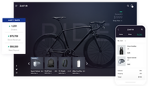 Online storefront of a bicycle gear business showing a black mountain bike, 7-day store overview, product gallery and mobile checkout.